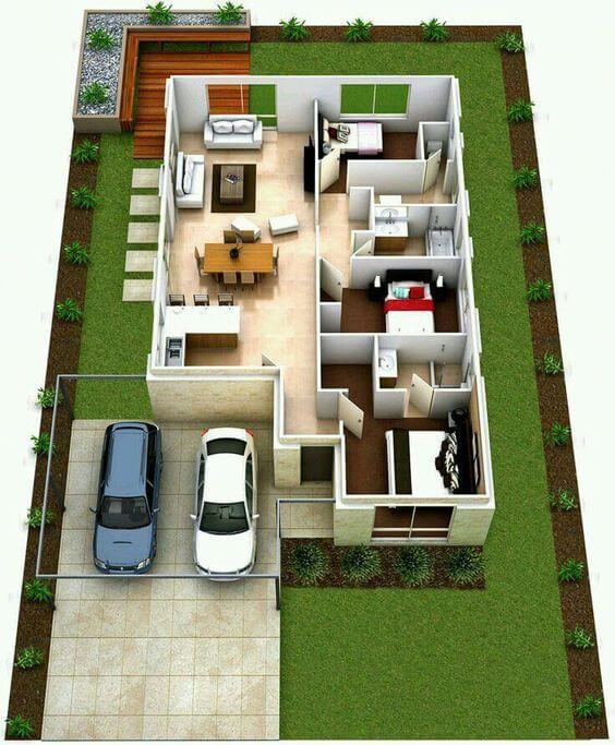 Desain Rumah 9x6 3 kamar 2D