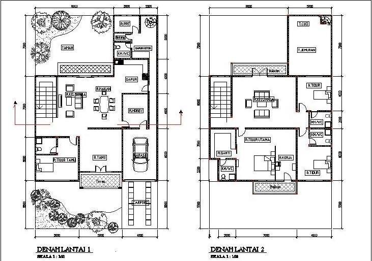 Desain Denah Rumah Type 60 2 Lantai dengan 4 Kamar