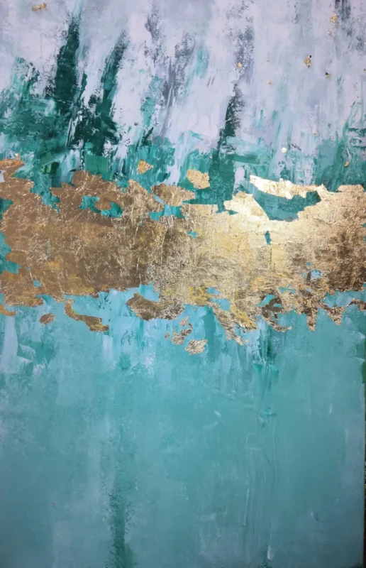 Lukisan Abstrak Dengan Daun Emas