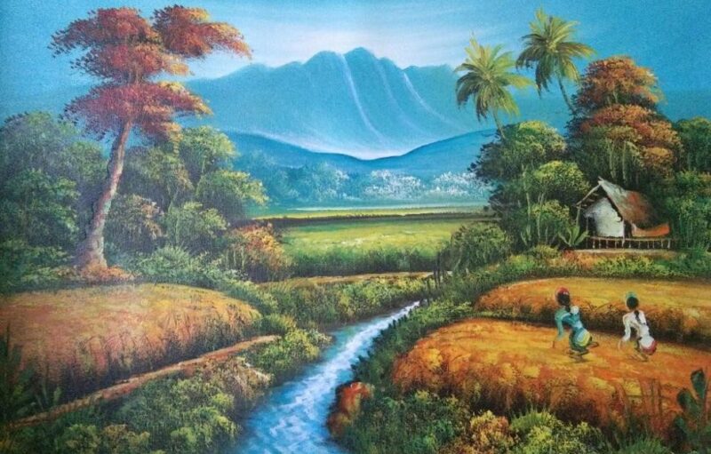 Lukisan Naturalisme Pemandangan Gunung Sawah