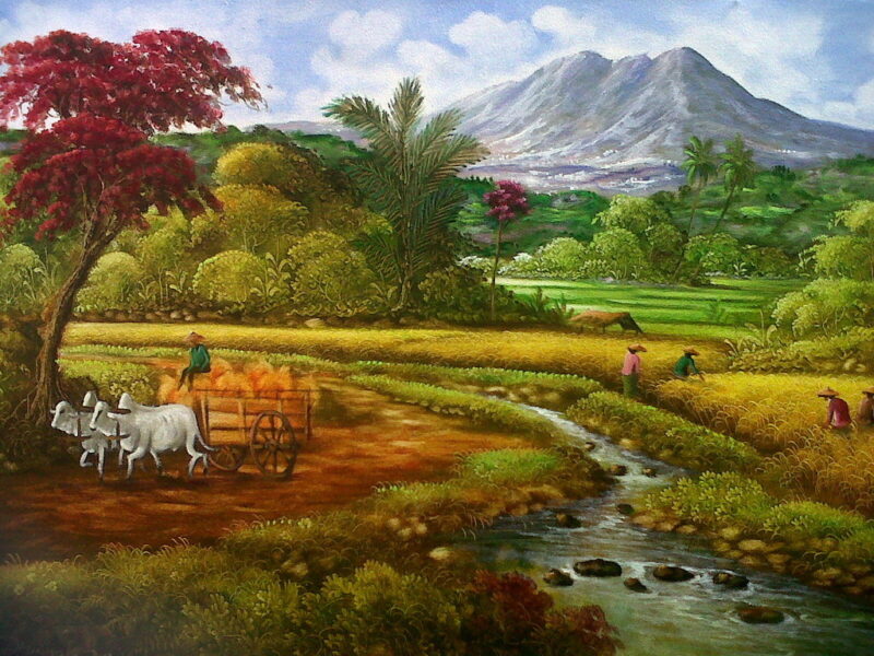 Lukisan Pemandangan Alam Sapi dan Petani