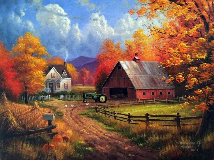 Lukisan Pemandangan Rumah Autumn landscape