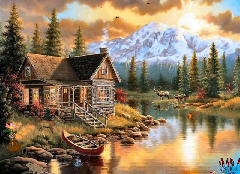 Lukisan Pemandangan Rumah Embroidery Woods House and Animal