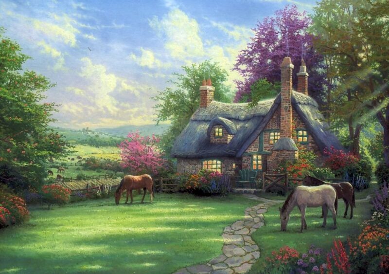 Lukisan Pemandangan Rumah Rural Landscape Cross Stitch