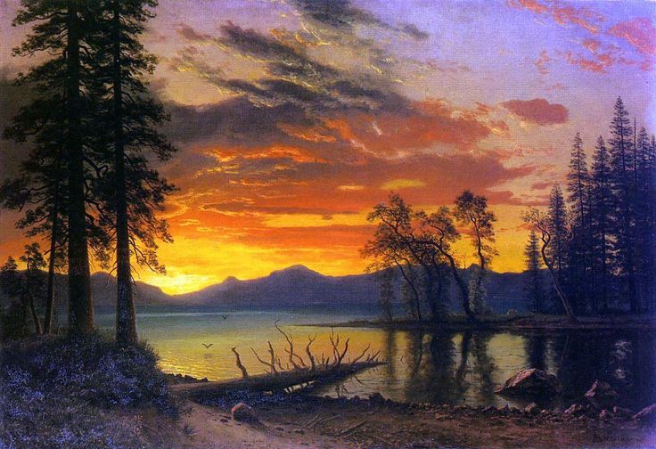 Sunset, Deer, and River by Albert Bierstadt